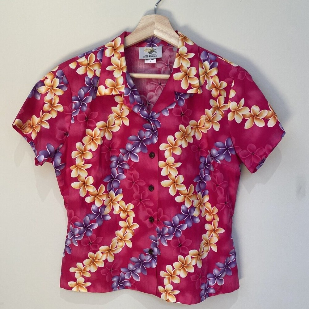 HO Aloha Hawaiian 1980’s Fitted Floral Plumeria Pink Cotton Shirt Beach Summer S